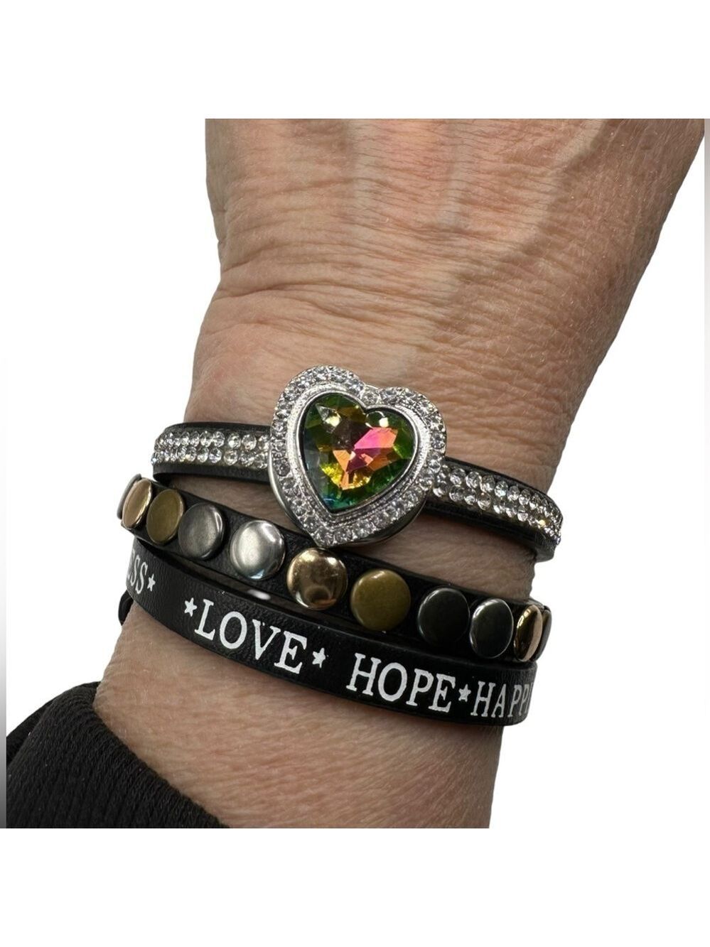Black Leather Heart Snap Criss Cross Bracelet & Multicolor 18mm Ginger Snap NWT